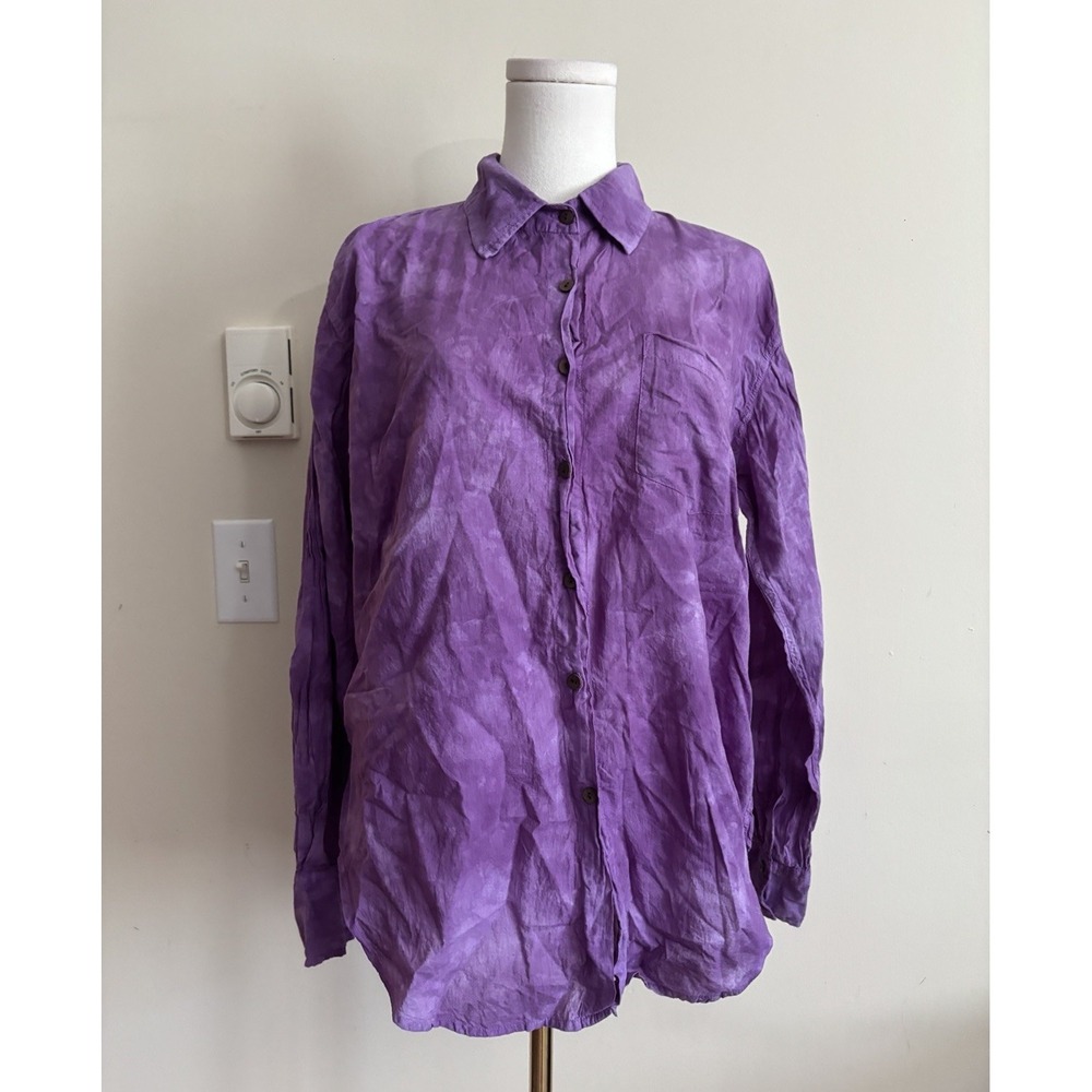 Namai Womens XL Button Up Top Long Sleeve Purple Batik Cotton Boho Hippie Fairy
